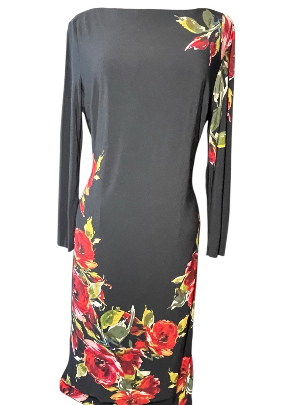 Cache Black Long-Sleeve Floral Boatneck Dress